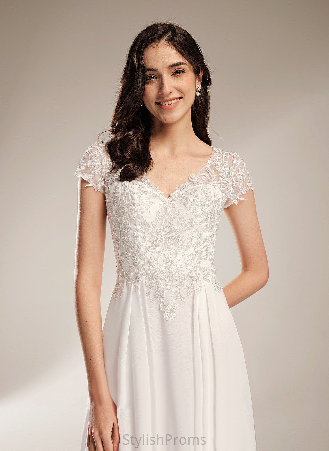 Chiffon A-Line Asymmetrical V-neck Wedding Lace Olympia Dress Wedding Dresses