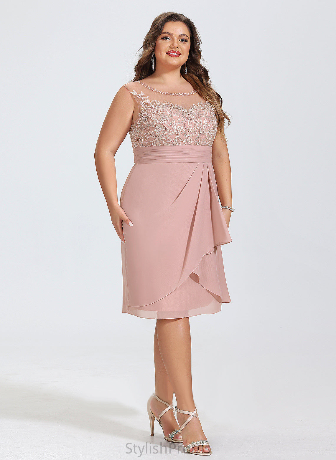 Lace Dress Sheath/Column Chiffon Cocktail Neck Ruffles With Cornelia Scoop Cascading Knee-Length Cocktail Dresses