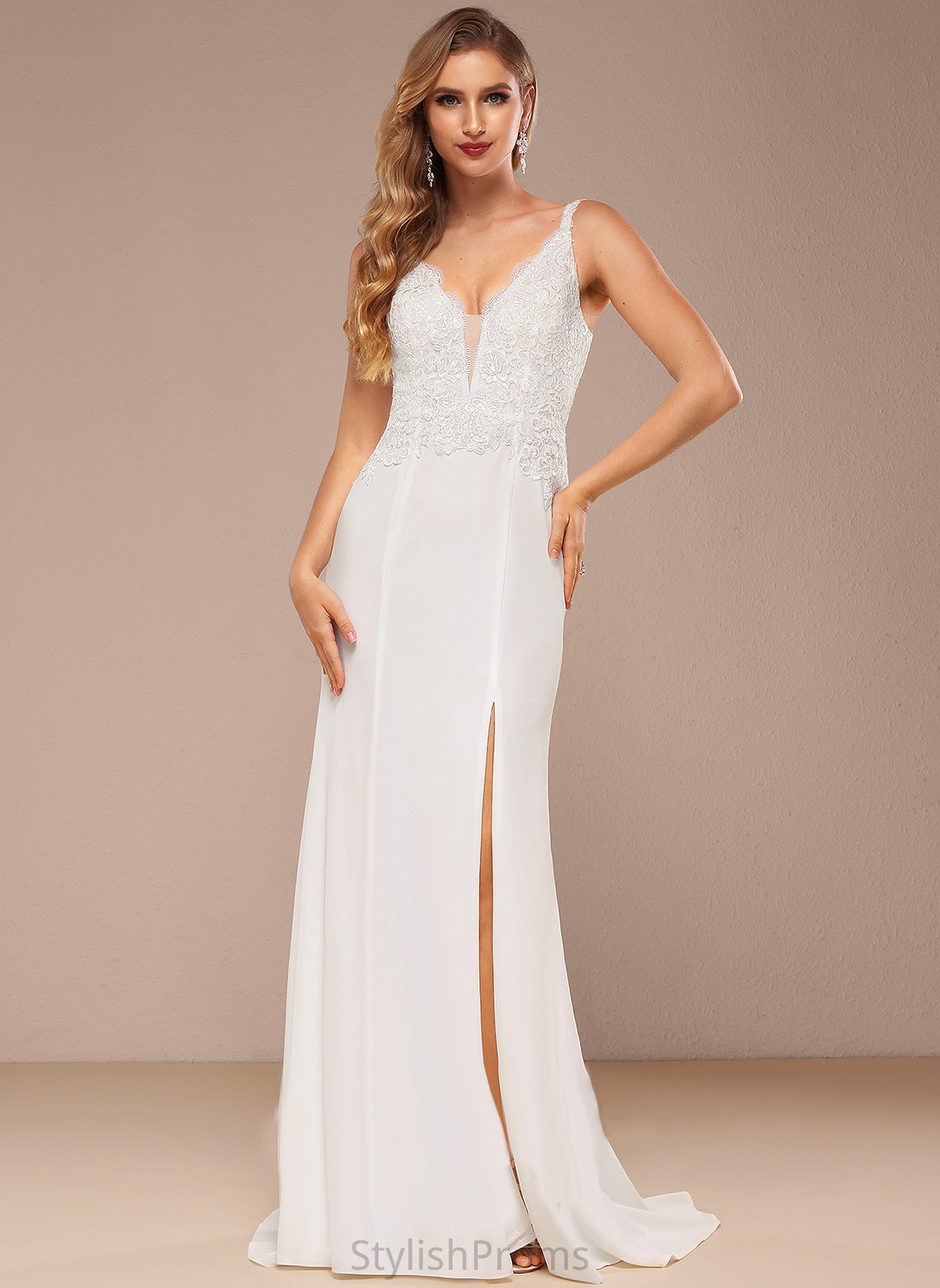 Wedding Dresses Brenda Train Sequins Sweep Lace Chiffon V-neck Dress Wedding With Trumpet/Mermaid