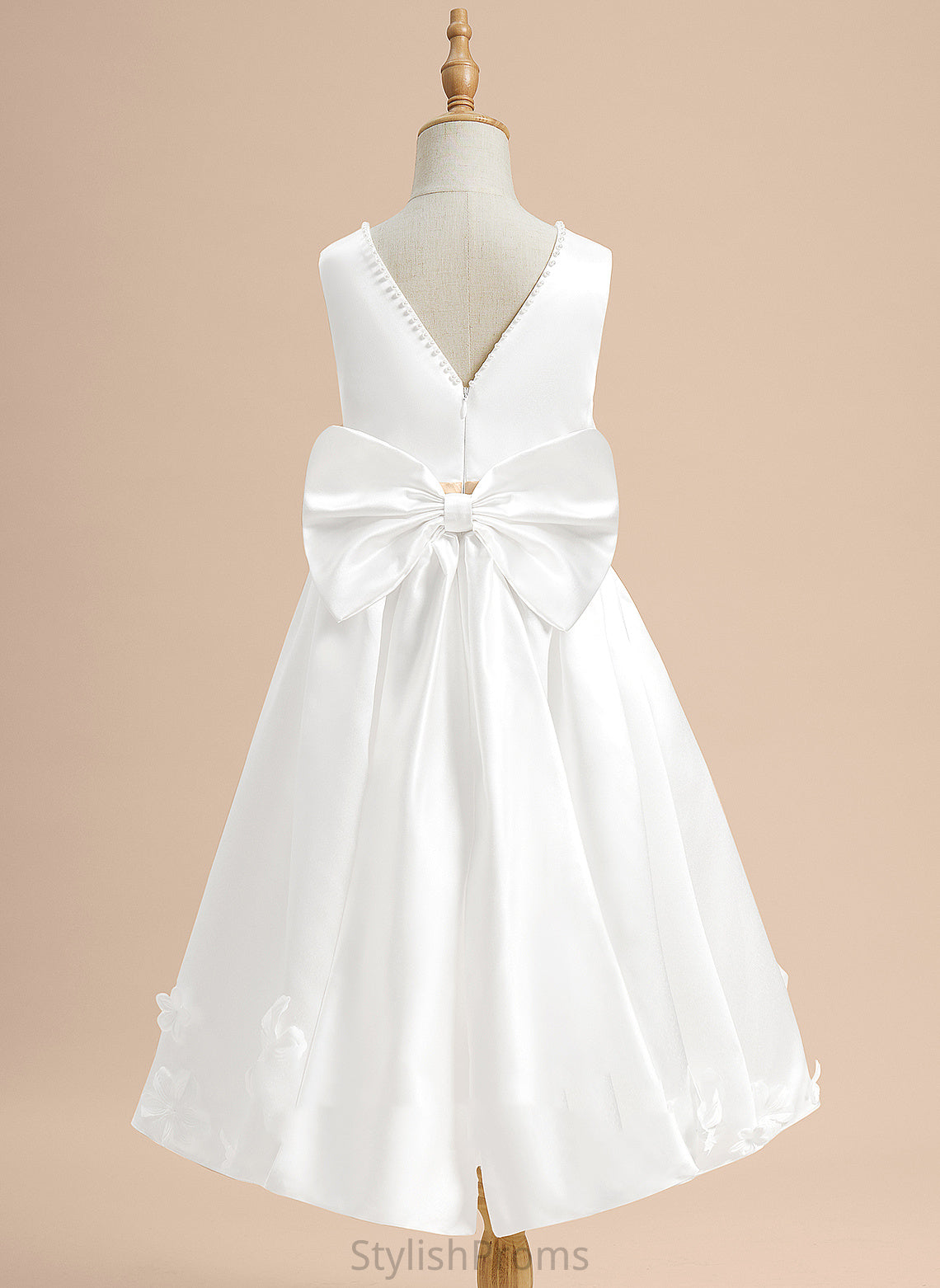 Girl Sash/Beading/Flower(s)/Bow(s) Flower Sleeveless Joyce With Flower Girl Dresses - A-Line Satin Scoop Tea-length Neck Dress