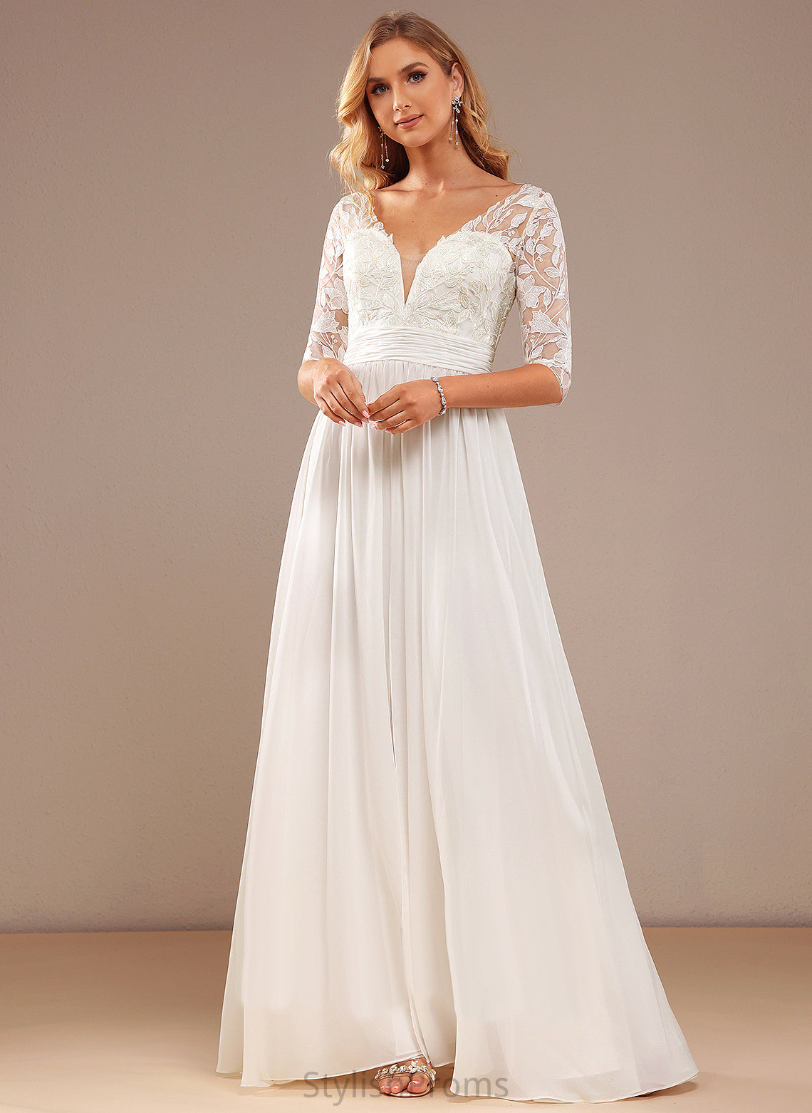 Ruffle Chiffon With Sanai A-Line V-neck Lace Wedding Sequins Wedding Dresses Floor-Length Dress Lace