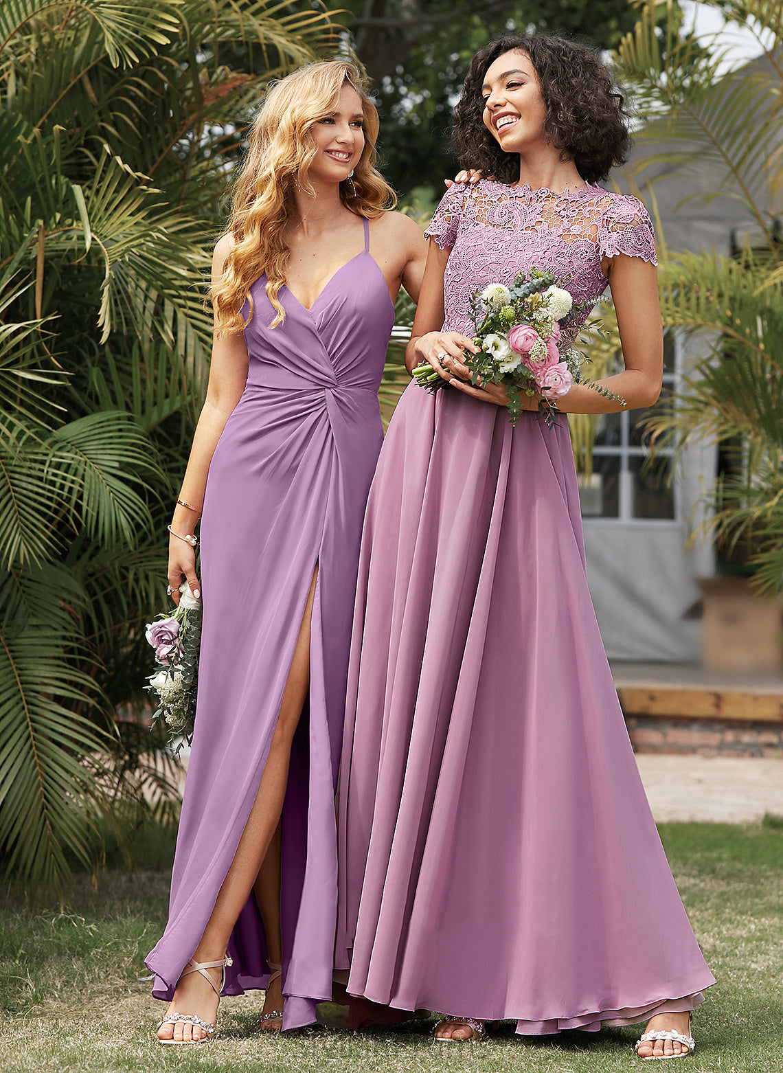 Scoop Neckline Length Silhouette A-Line Fabric Floor-Length Lace Straps&Sleeves Meredith Natural Waist V-Neck Bridesmaid Dresses