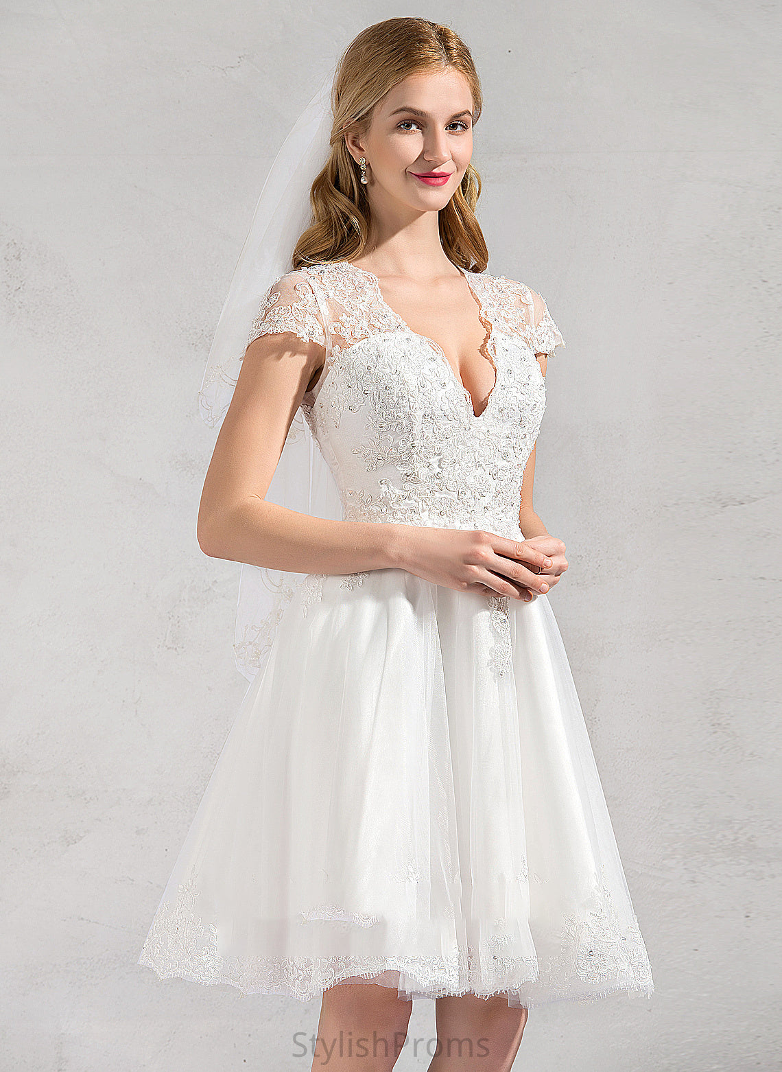 With Sequins A-Line V-neck Knee-Length Wedding Dresses Lace Lace Wedding Beading Dress Tulle Haylie Appliques