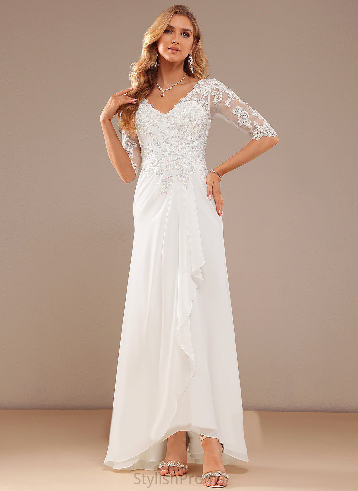 Asymmetrical Ruffle Dress Lace Chiffon A-Line Wedding Dresses Bailey V-neck Wedding With Lace