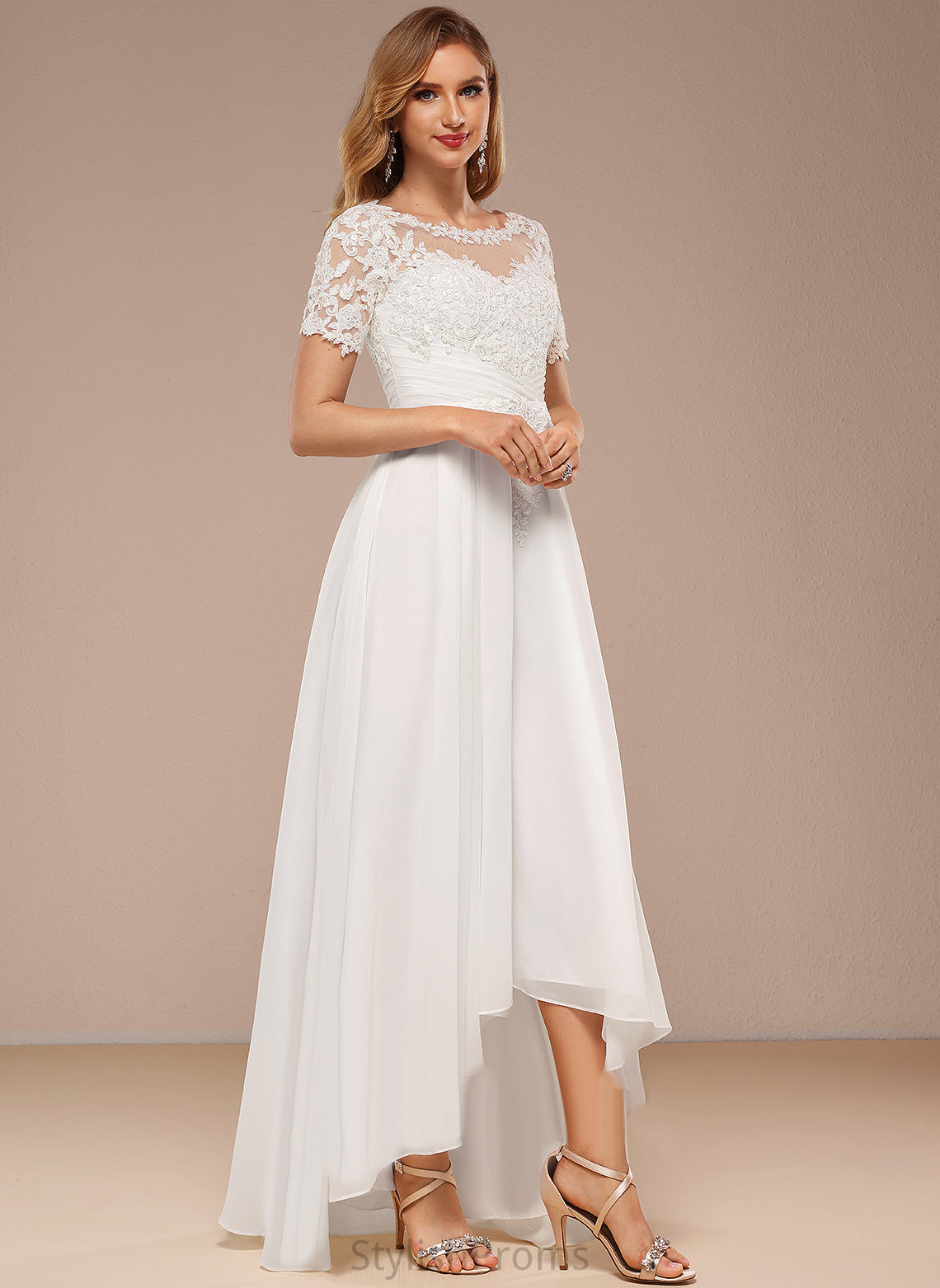 Boat Chiffon A-Line Asymmetrical Wedding Neck Lace Dress Wedding Dresses Haley