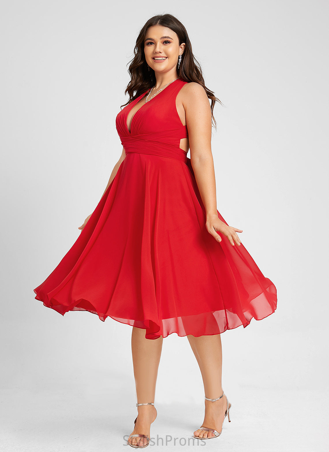 V-neck Dress Knee-Length Chiffon Cocktail A-Line Cocktail Dresses Ruffle Cierra With Bow(s)