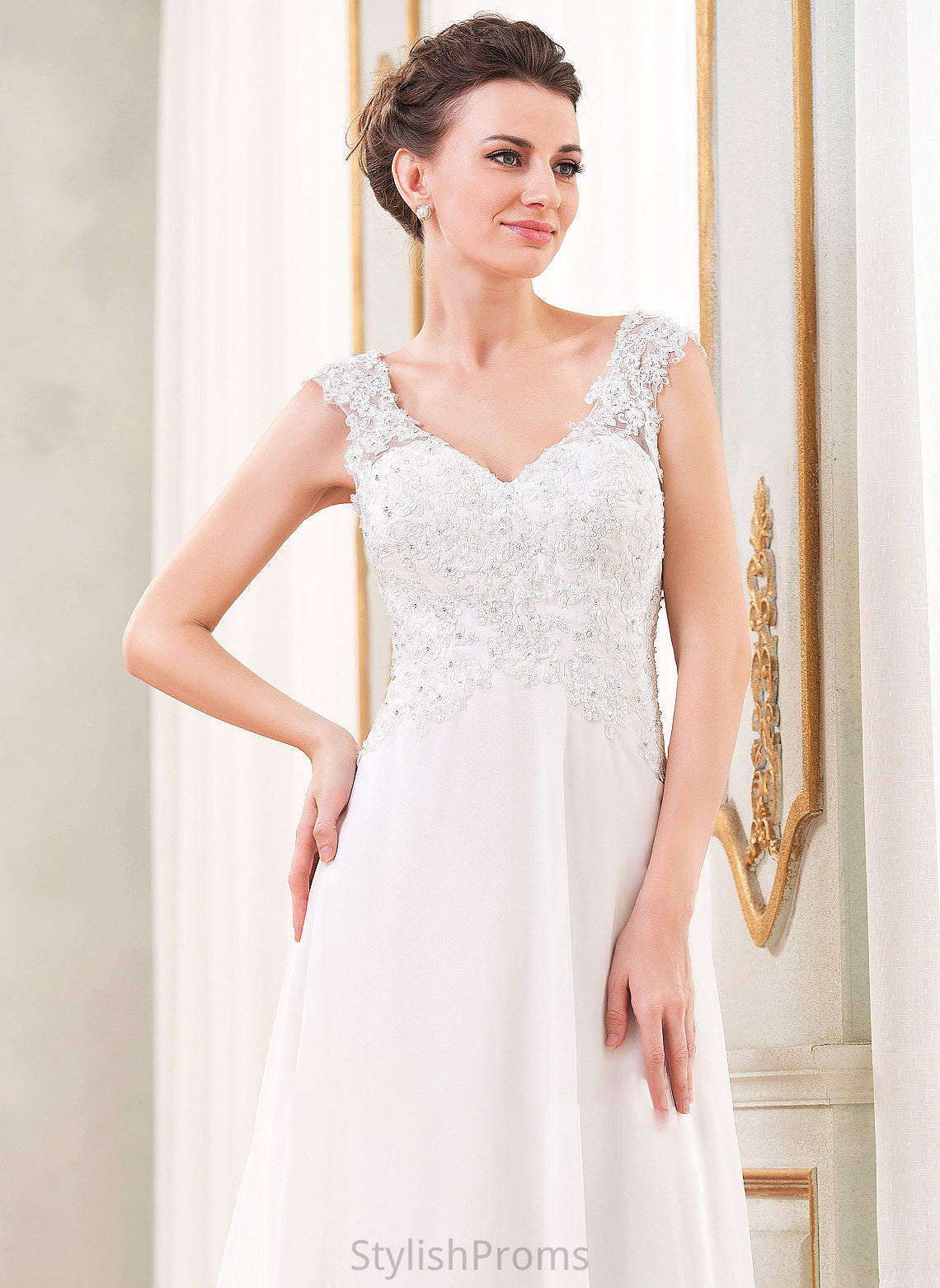 Alexandra Sequins Train Dress Wedding Beading With Lace V-neck Chiffon A-Line Wedding Dresses Sweep