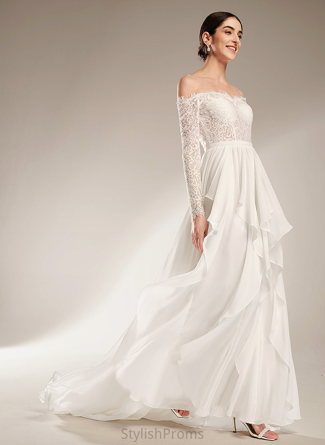 Ruffle Wedding Lace Court Off-the-Shoulder With Chiffon Train Wedding Dresses Madge Dress A-Line