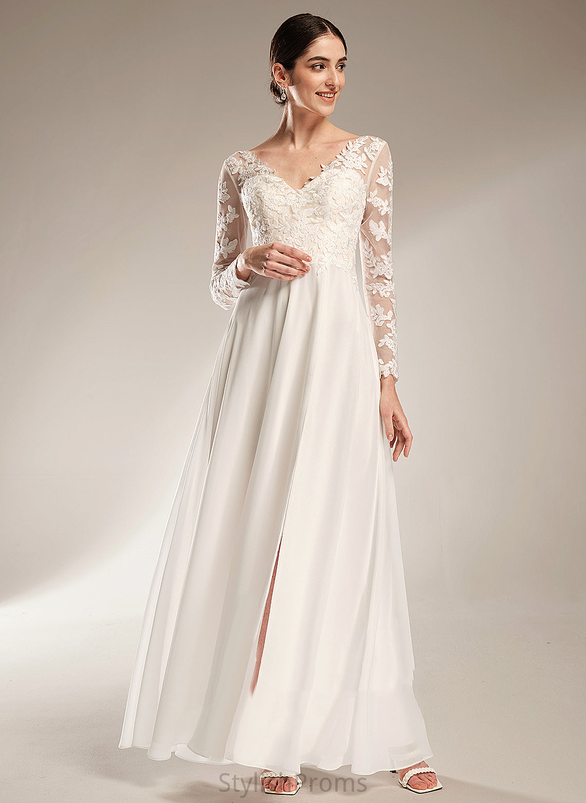 V-neck Minnie A-Line Lace Wedding Dresses Floor-Length Wedding Dress Chiffon