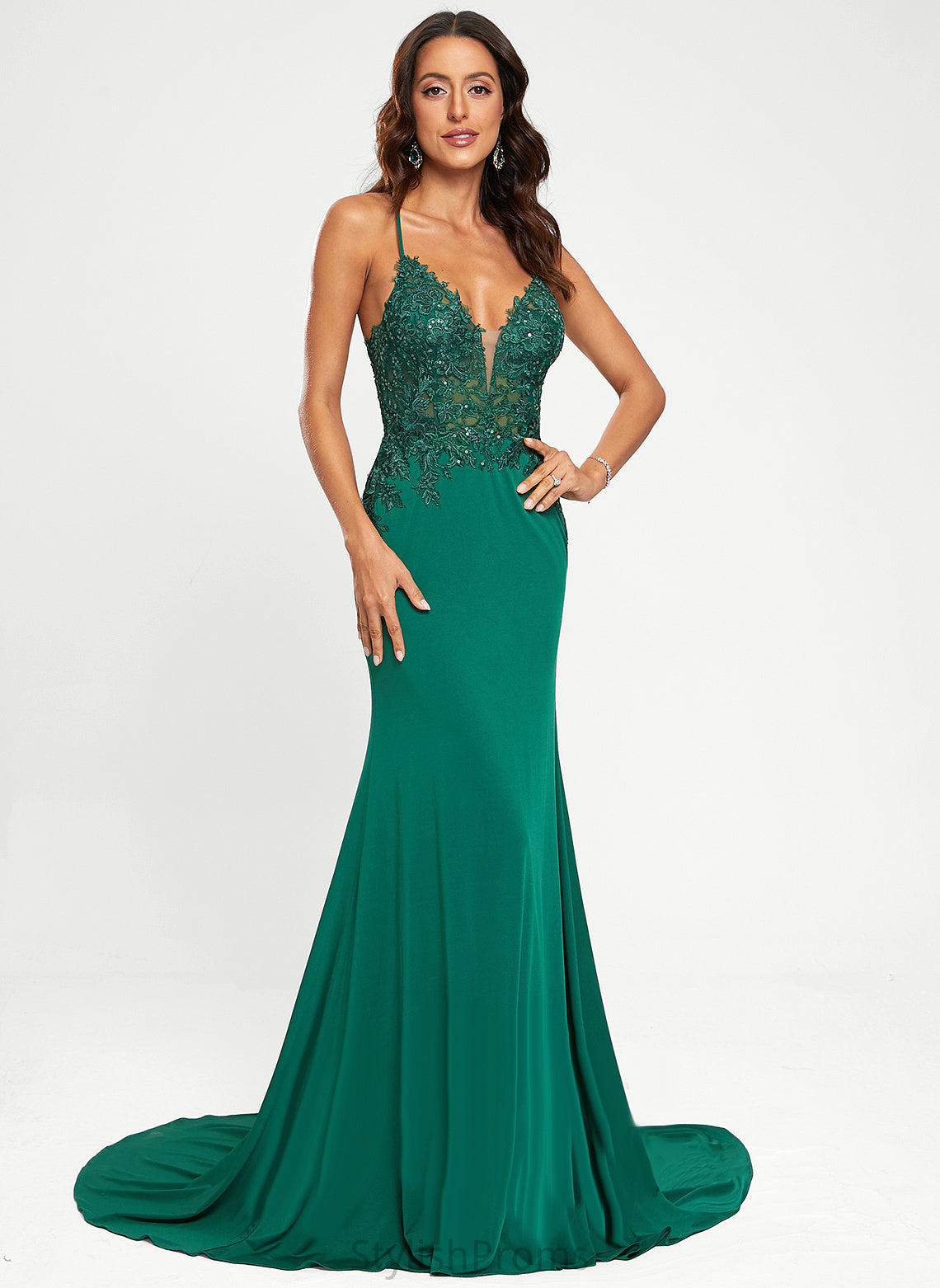 V-neck Sweep Train Jersey With Trumpet/Mermaid Sequins Bella Prom Dresses