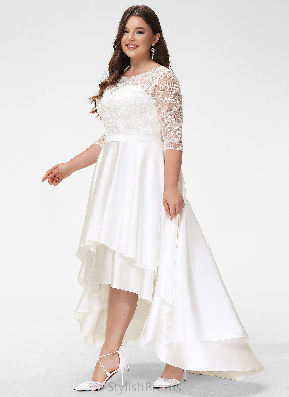 Asymmetrical Wedding Dresses Amari Wedding Neck A-Line Dress Lace Satin Scoop