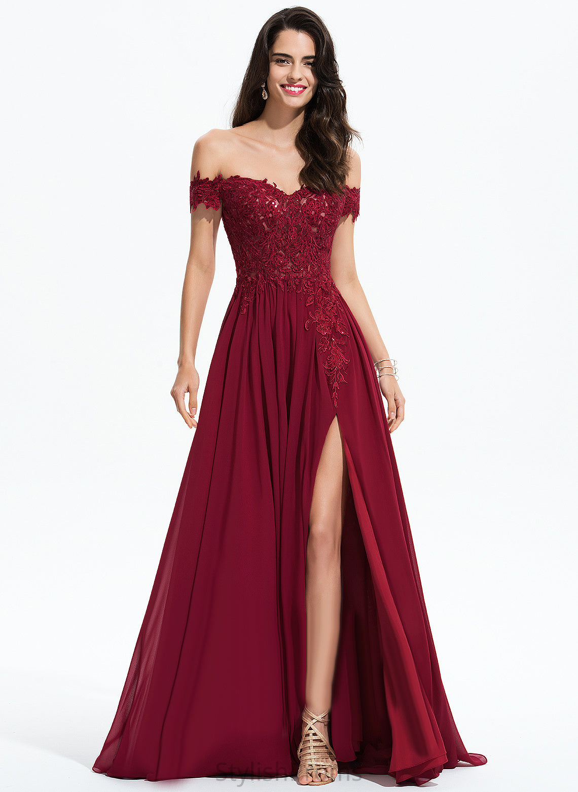 A-Line With Train Sweep Prom Dresses Off-the-Shoulder Sequins Lilyana Chiffon Lace