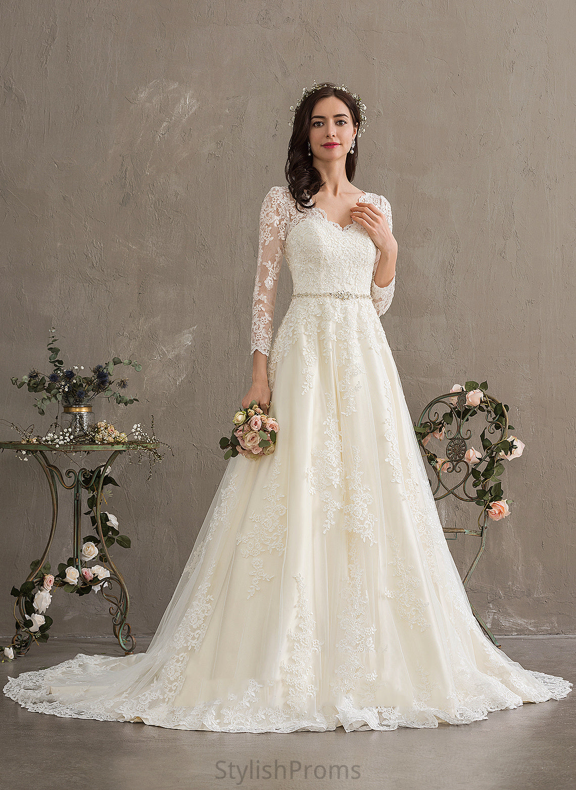 Dress Lace Wedding Dresses Train Wedding With Beading Ball-Gown/Princess V-neck Tulle Marissa Sequins Chapel