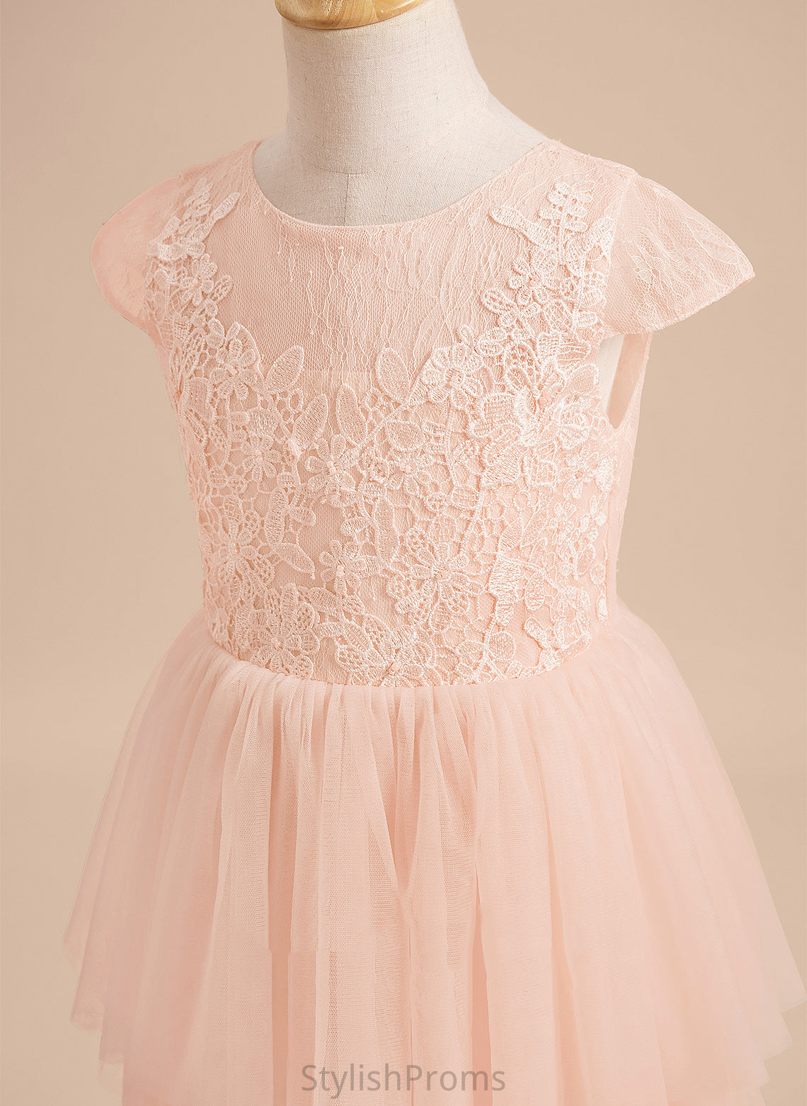 - With Dress Back Tulle Knee-length Ximena Scoop Sleeves Flower Neck A-Line Short Flower Girl Dresses Girl Lace/V