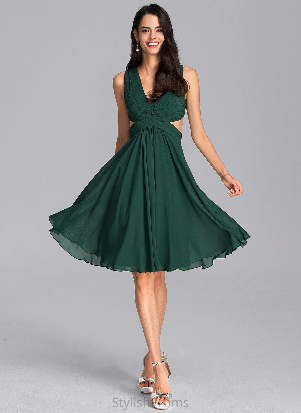 Ashleigh Chiffon Dress Cocktail Ruffle Cocktail Dresses V-neck With Knee-Length A-Line