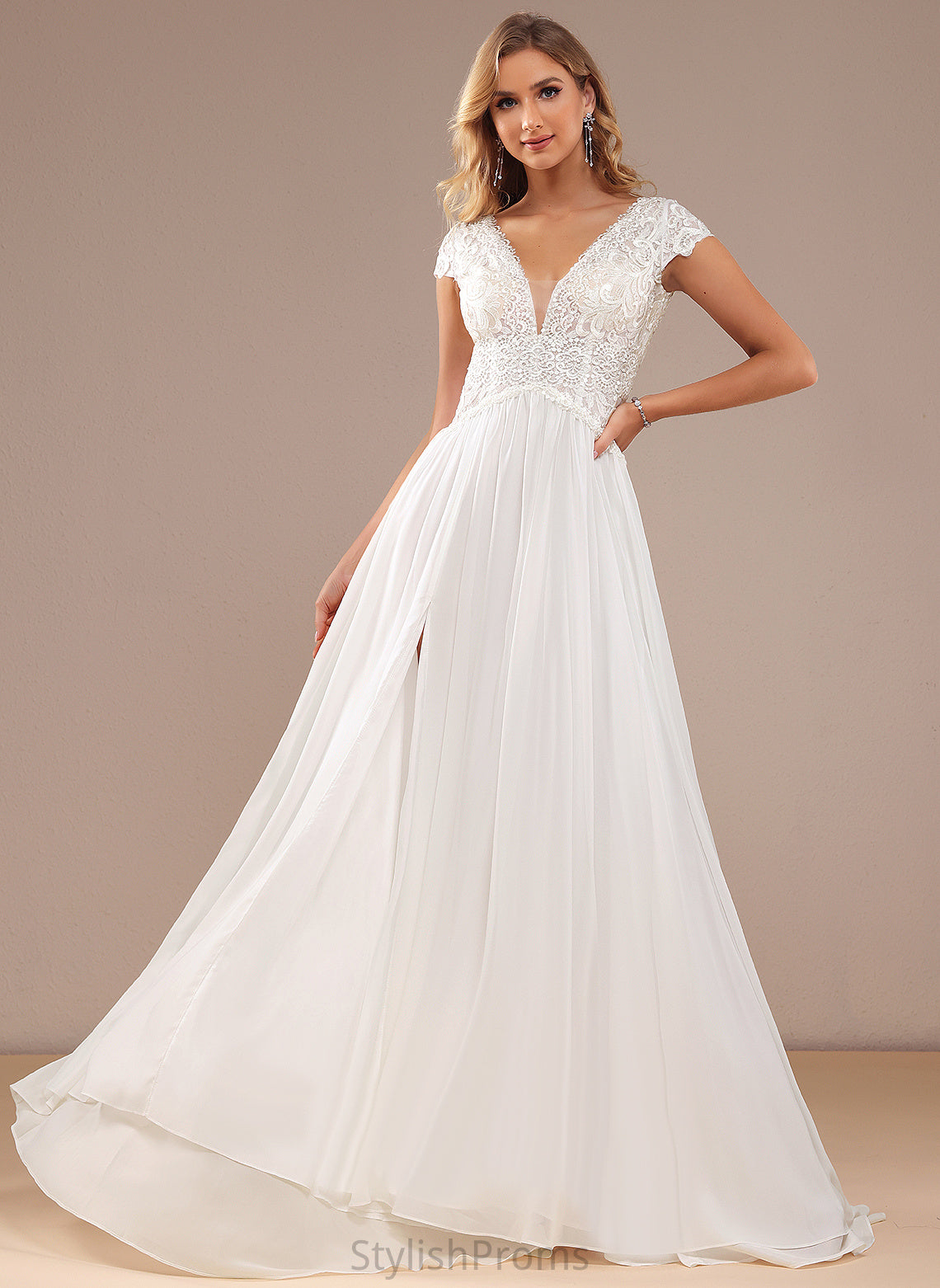 Chiffon Lace Split With Wedding Dresses Wedding Front Train Lace Sweep V-neck Dress A-Line Destiny