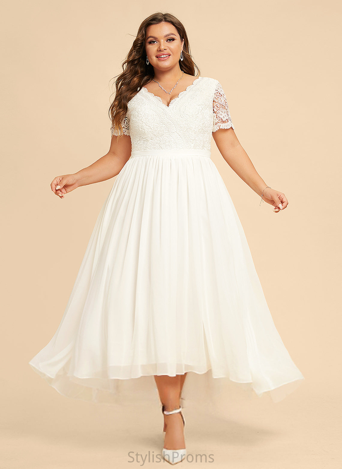 A-Line Wedding Dresses Dress Erika V-neck Chiffon Lace Asymmetrical Wedding