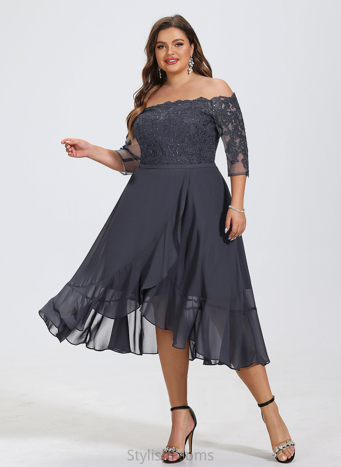 Asymmetrical A-Line Sequins Chiffon Cocktail Lace Dress Stephany Off-the-Shoulder With Cocktail Dresses