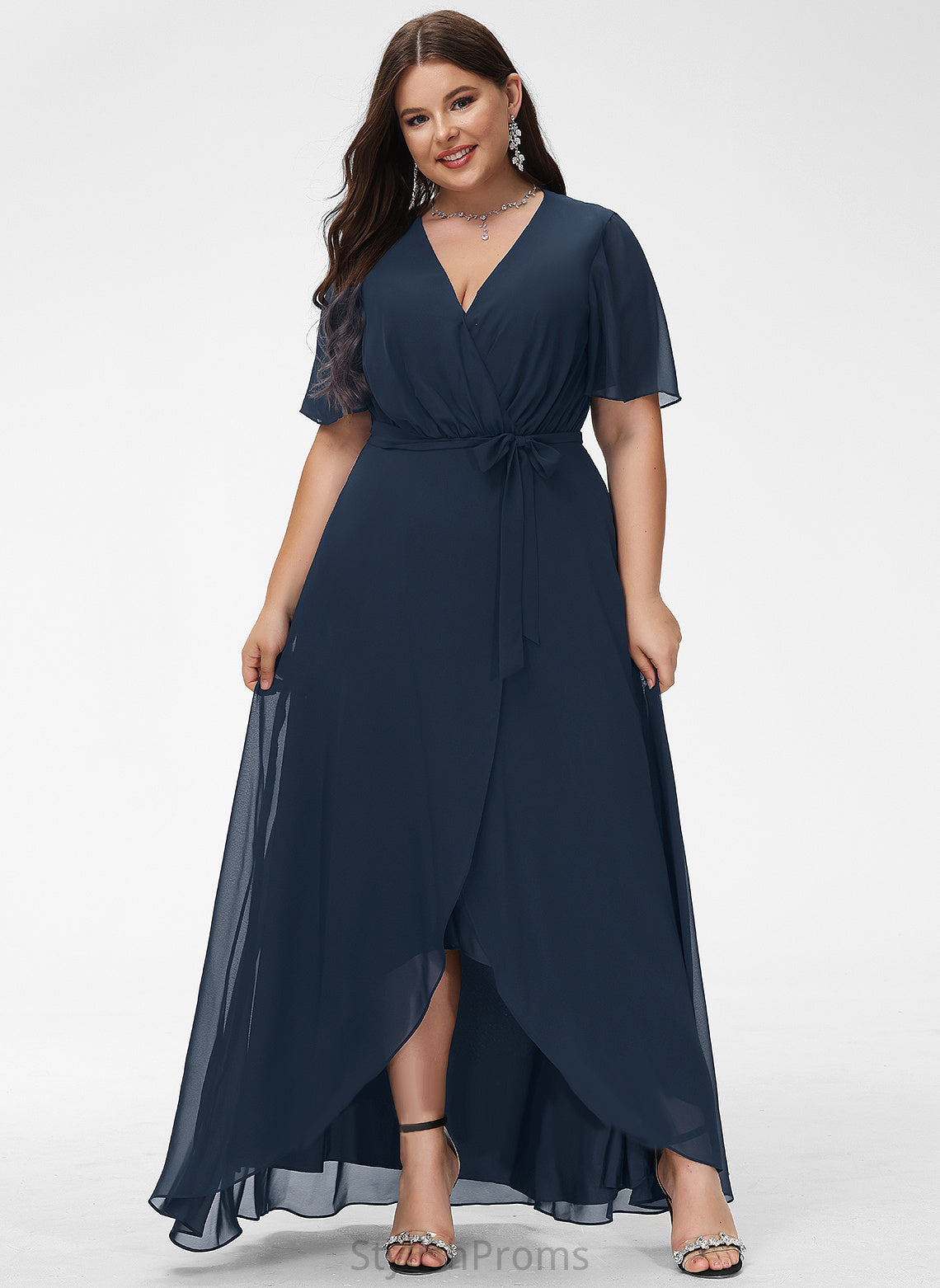 Cocktail V-neck Cocktail Dresses With Asymmetrical A-Line Bow(s) Jackie Chiffon Dress