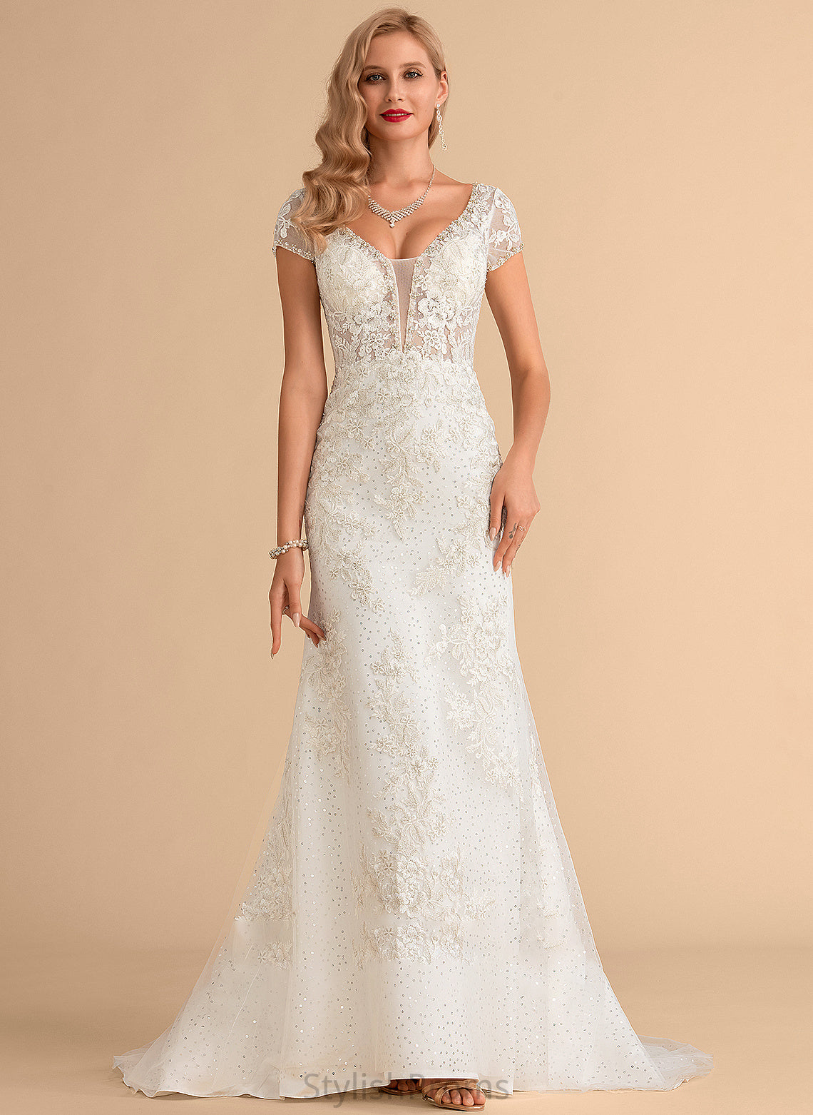 Sequins Lace Trumpet/Mermaid Tulle Nan With Court Train Wedding Dresses Wedding Dress V-neck Beading