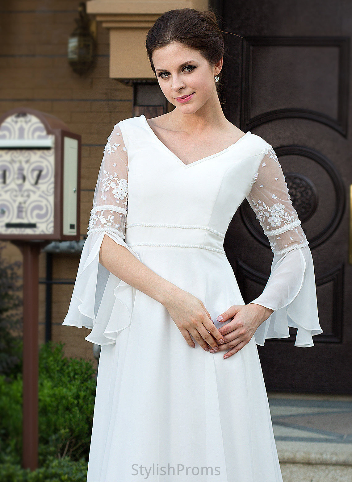 Dress Lace V-neck Wedding Beading Mollie Chiffon Court Wedding Dresses Train A-Line With