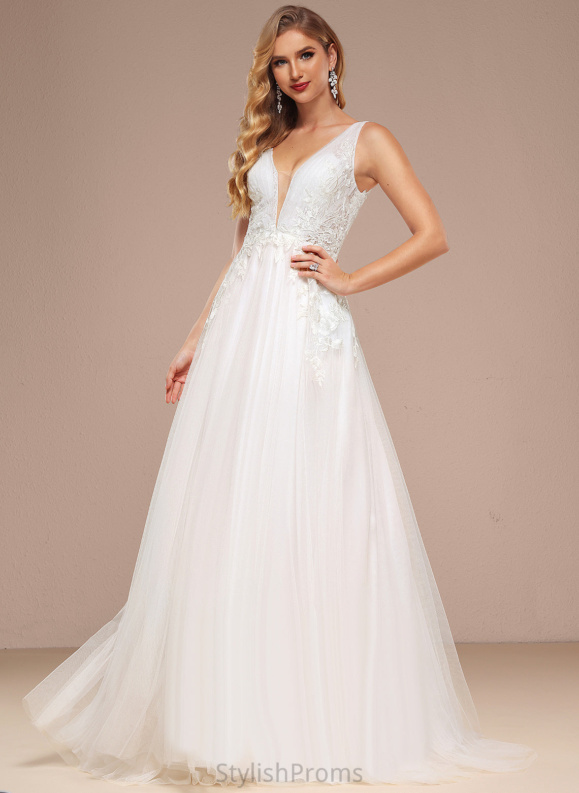 Sweep Tulle Bridget A-Line Train Lace Wedding With Sequins Wedding Dresses Dress V-neck