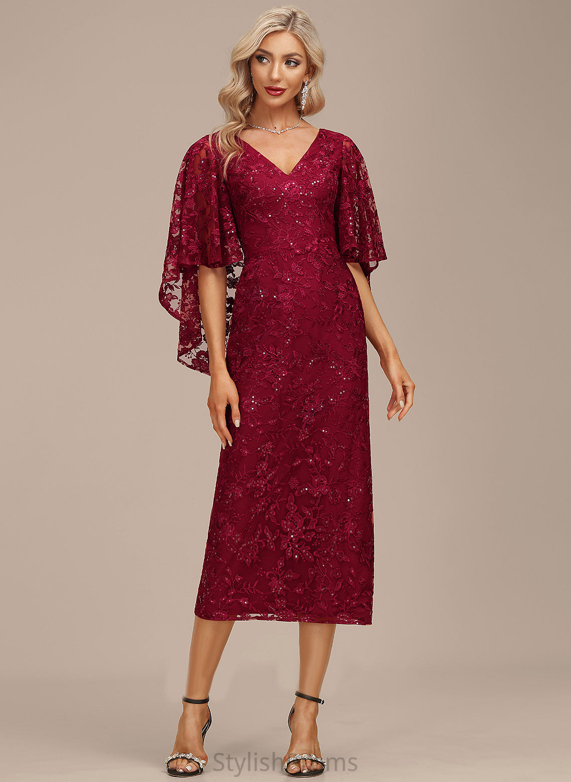 Sequins Tea-Length Sheath/Column Lorna Cocktail Dresses With Dress V-neck Cocktail Lace