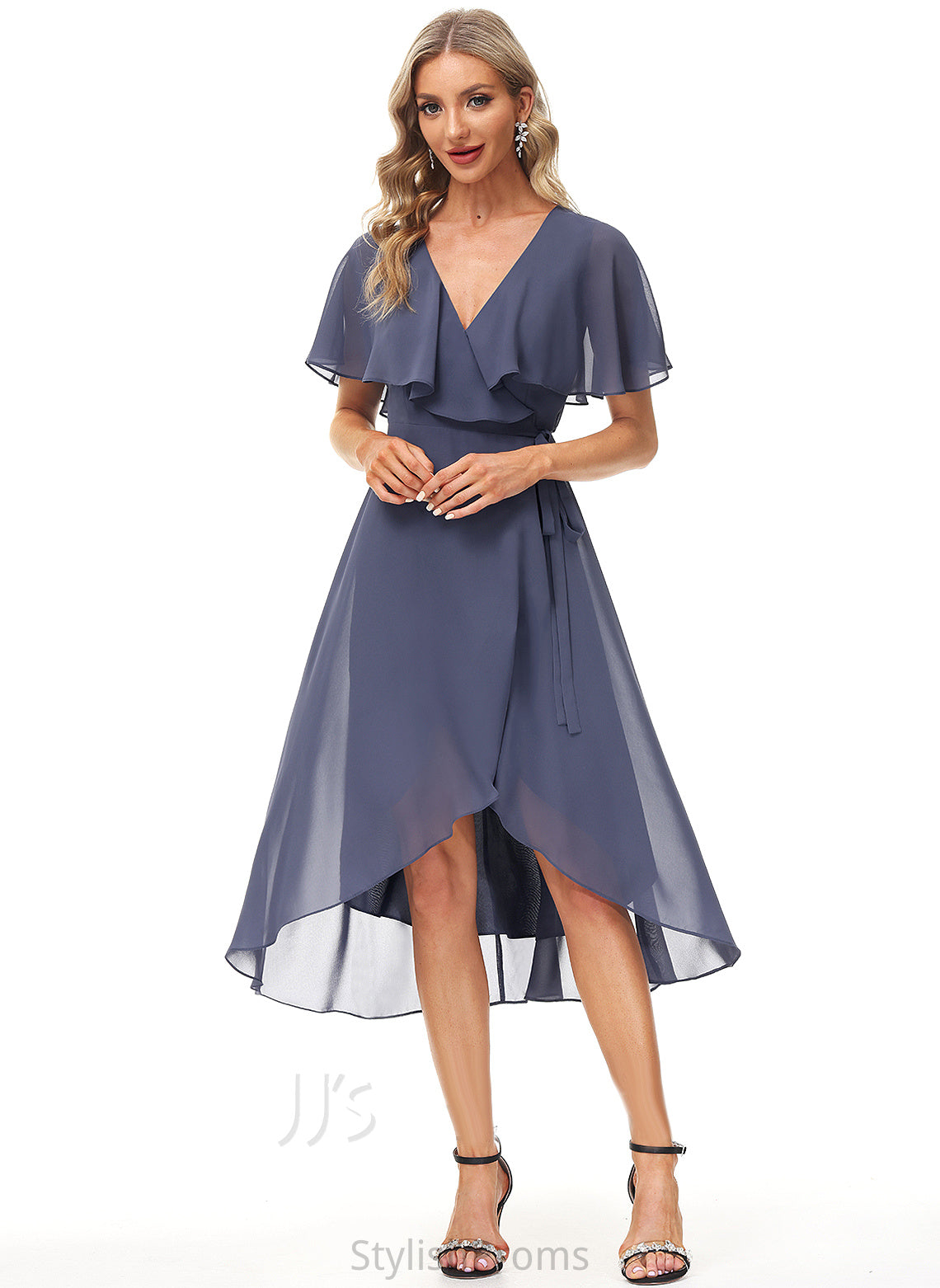 With Tea-Length Dress V-neck Cocktail Sash Cocktail Dresses A-Line Split Lizbeth Chiffon Front