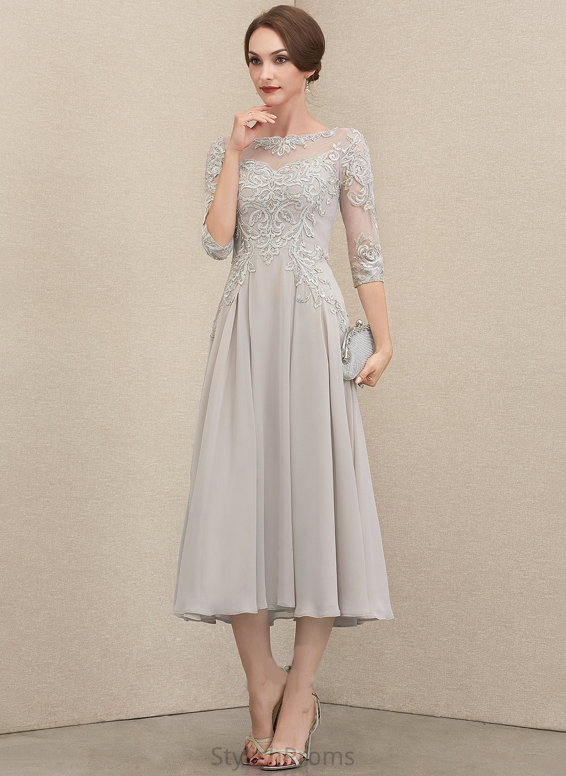 Tea-Length Lace Cocktail A-Line Melany Sequins Cocktail Dresses Scoop Chiffon Neck Dress Beading With