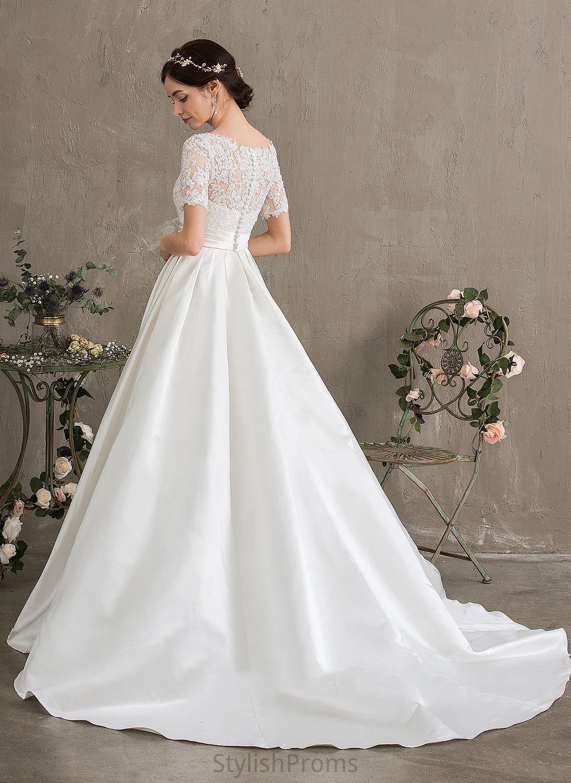 Beading Court Wedding Dresses Kiera Lace Wedding Sequins Train Pockets Satin With Dress Ball-Gown/Princess