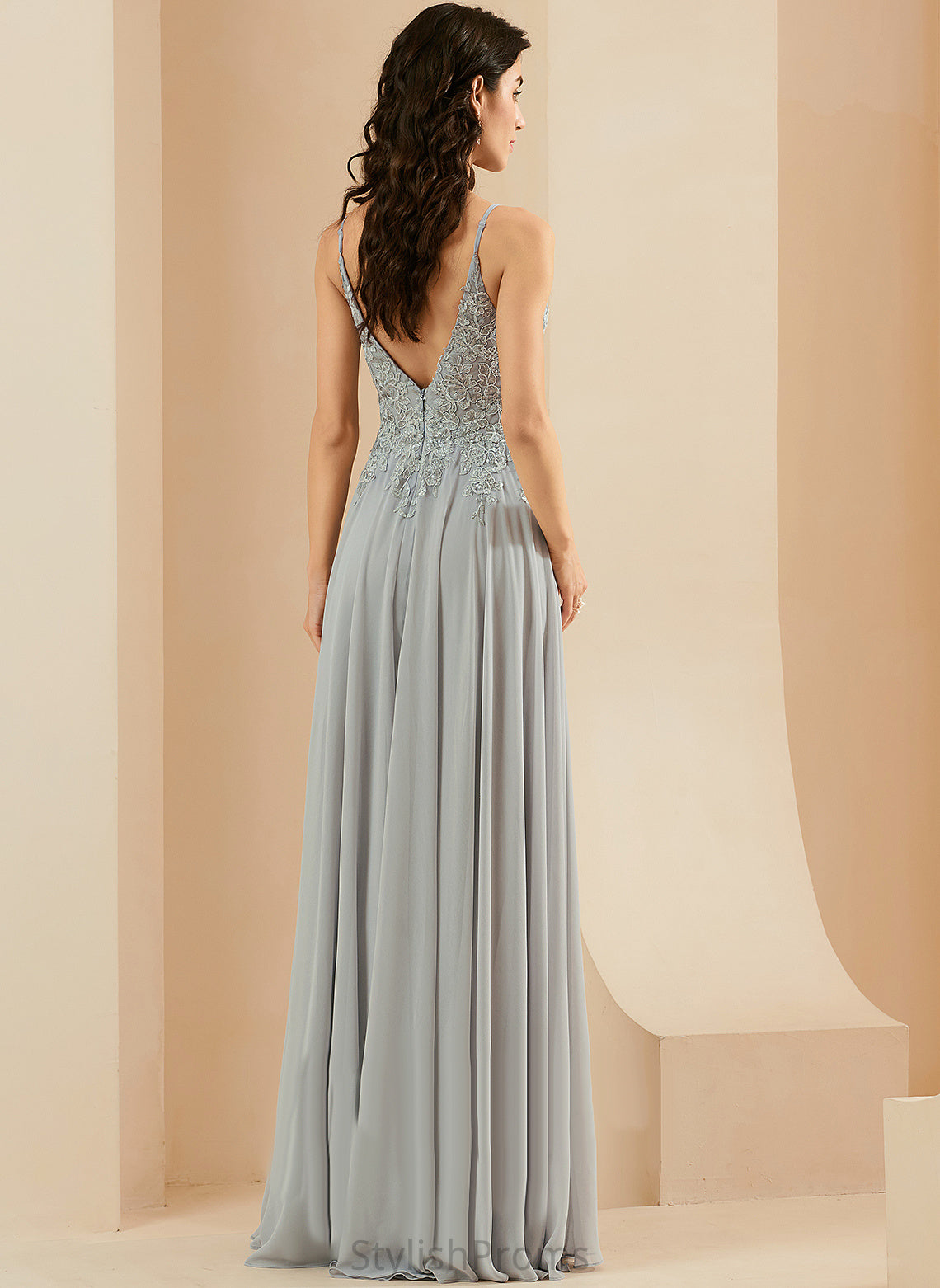 Lace Floor-Length Prom Dresses V-neck A-Line Kallie Sequins Chiffon With