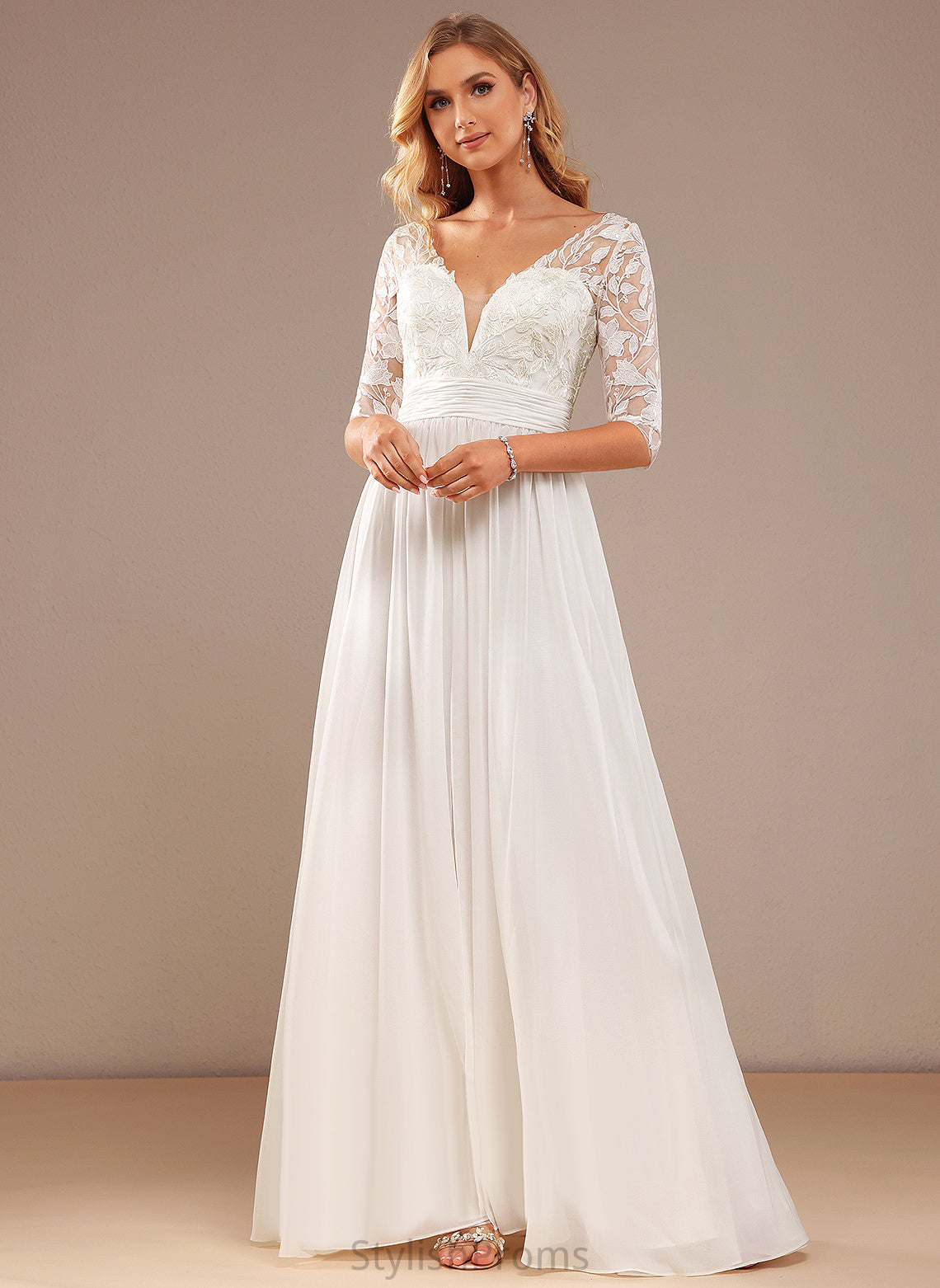 Wedding Wedding Dresses V-neck Ruffle Floor-Length Lace A-Line Sophronia Sequins Dress With Chiffon