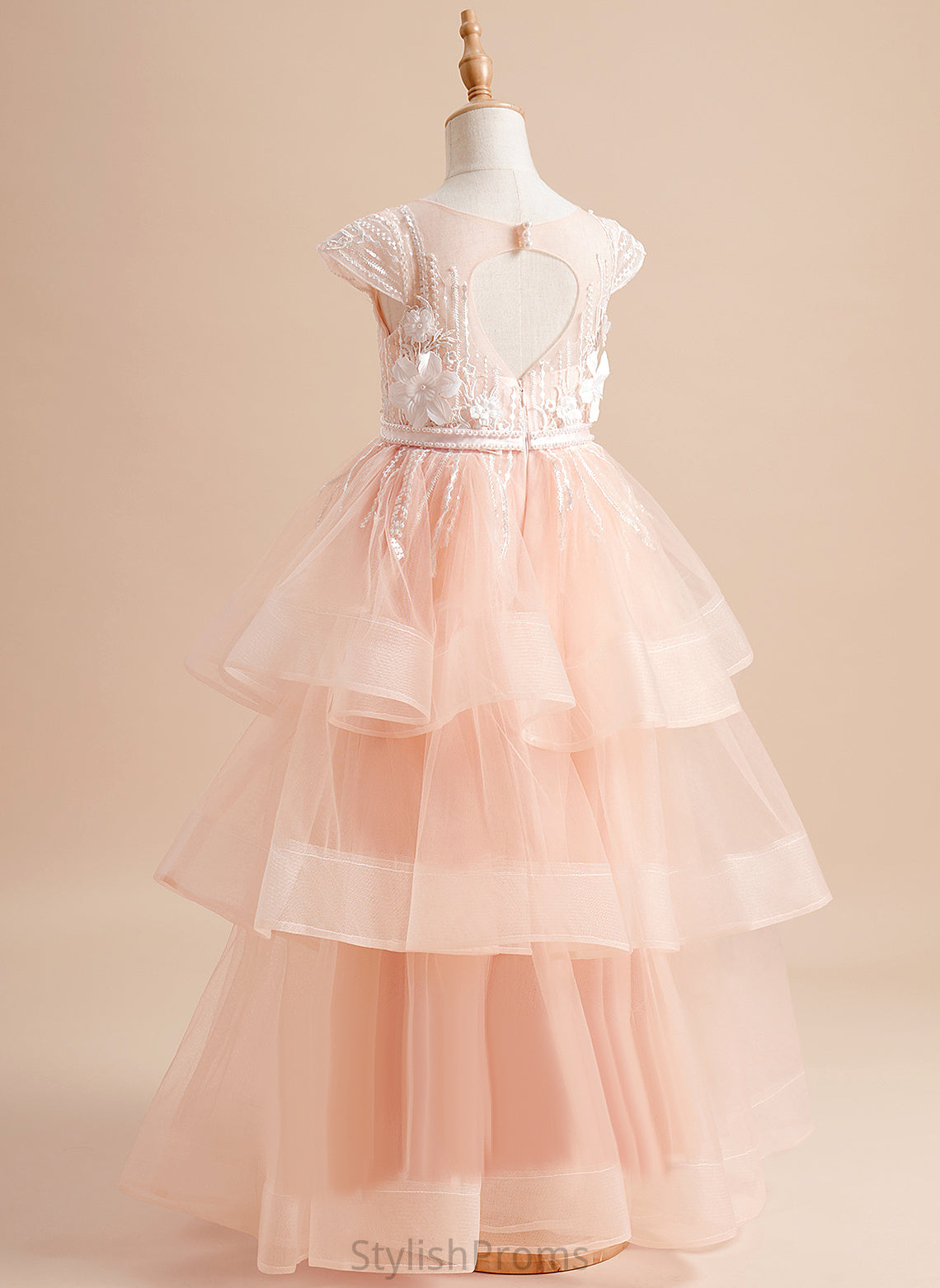 Jenna Flower Girl Dresses Ball-Gown/Princess Girl Neck - Short Dress Flower Floor-length Scoop Sleeves Tulle Beading/Flower(s)/Bow(s) With