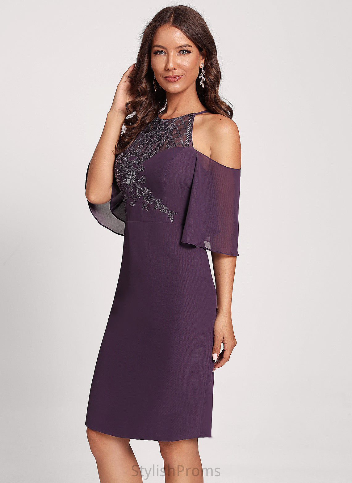 Cold With Sequins Shoulder Dress Lace Knee-Length Keira Chiffon Club Dresses Cocktail Sheath/Column