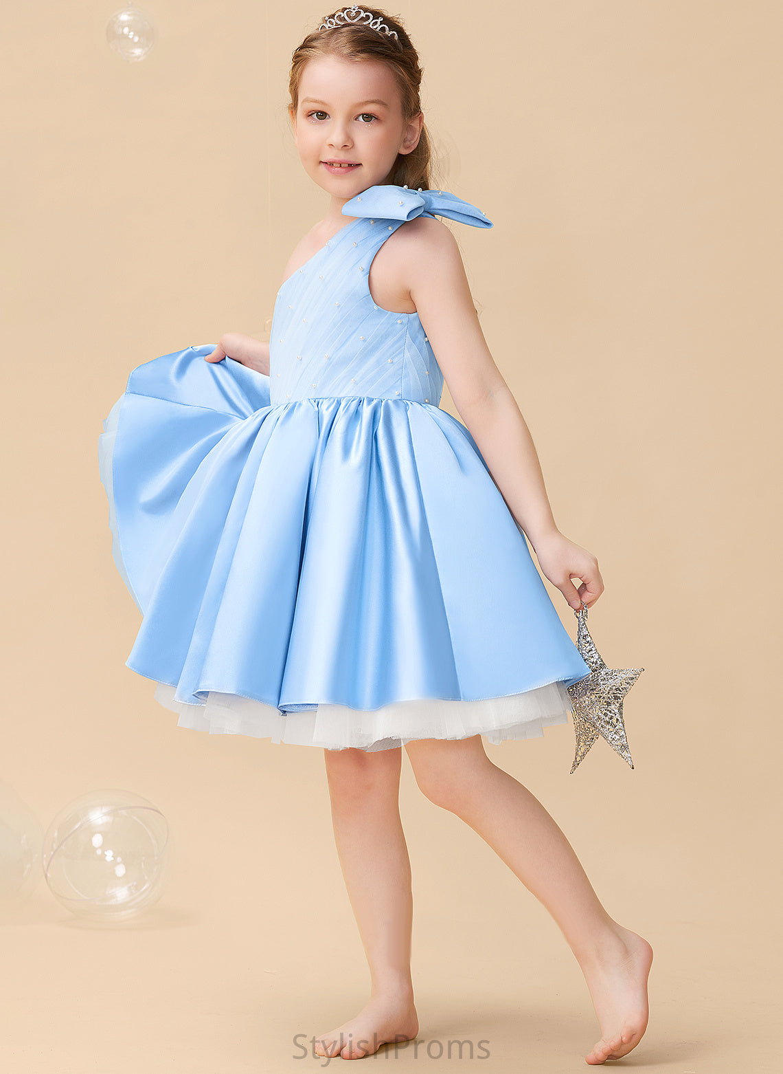 Logan Dress Beading/Bow(s) Knee-length Flower With Sleeveless Girl - Satin/Tulle A-Line One-Shoulder Flower Girl Dresses