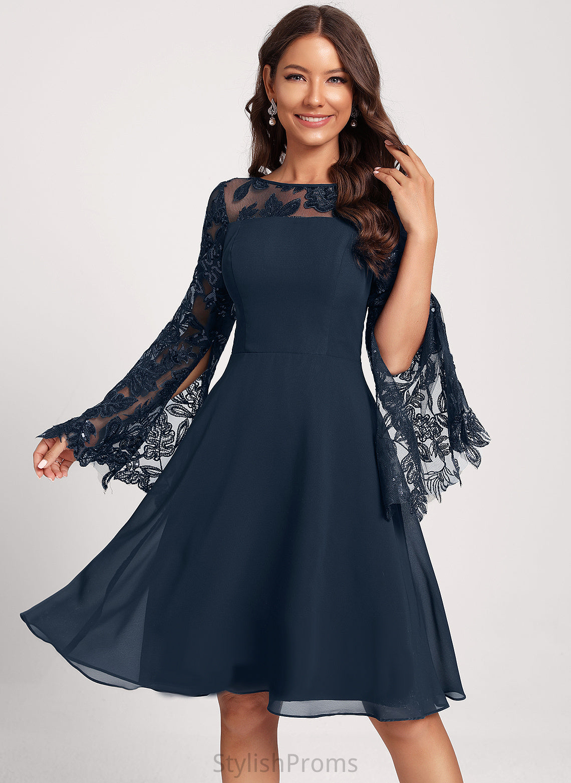 Knee-Length Neck Kaliyah Lace A-Line Dress With Club Dresses Sequins Cocktail Chiffon Scoop