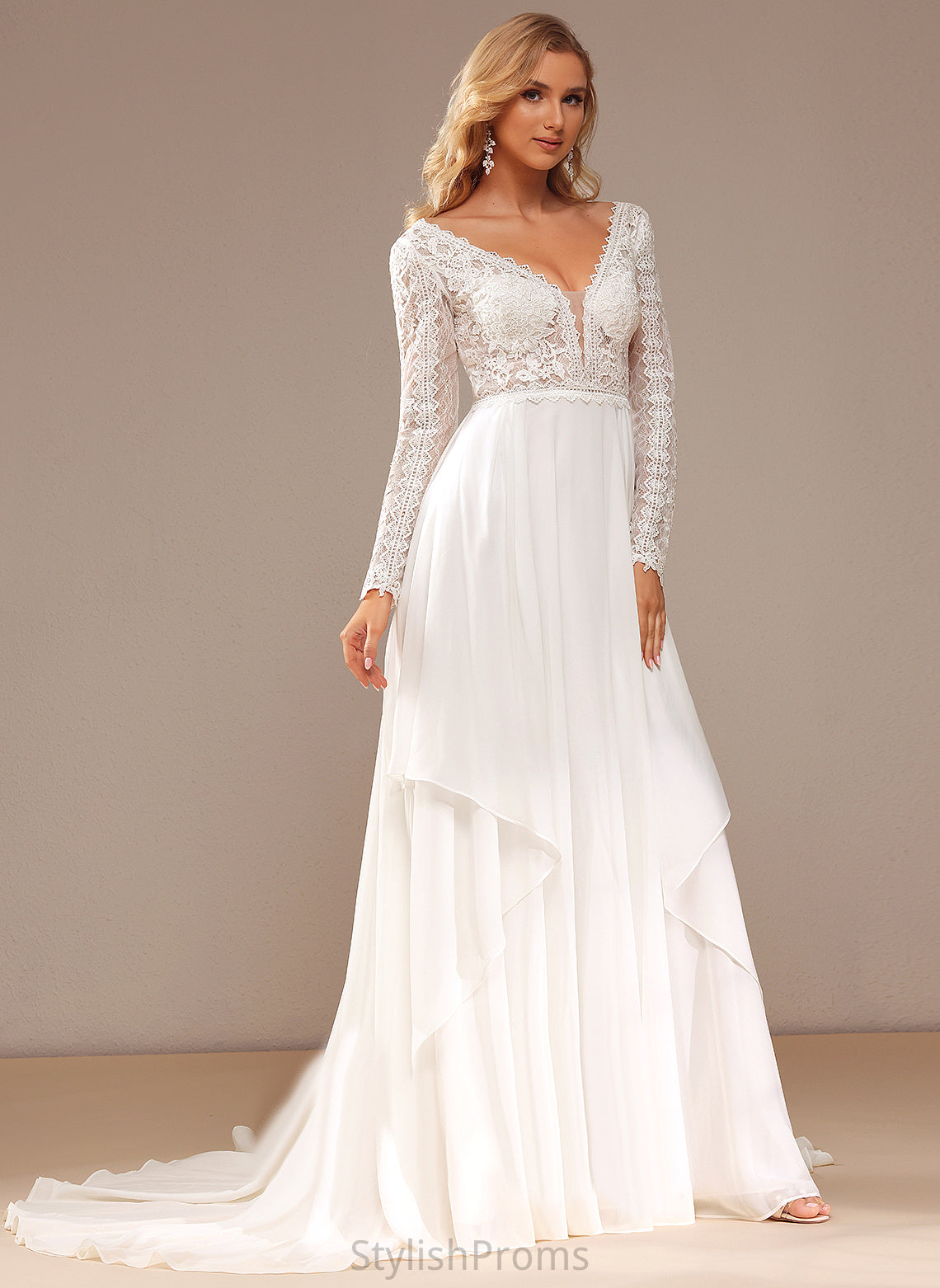 Train V-neck With Lace Wedding Chiffon Wedding Dresses A-Line Lace Dress Court Lina Ruffle