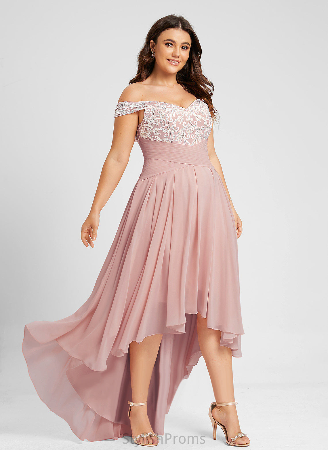 Off-the-Shoulder Asymmetrical Chiffon Prom Dresses Pleated Patti Lace With A-Line