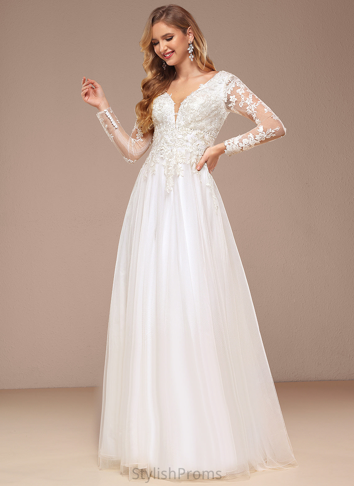 Sequins Beading Tulle Dress Floor-Length Wedding Dresses V-neck A-Line Kyra Lace Wedding With