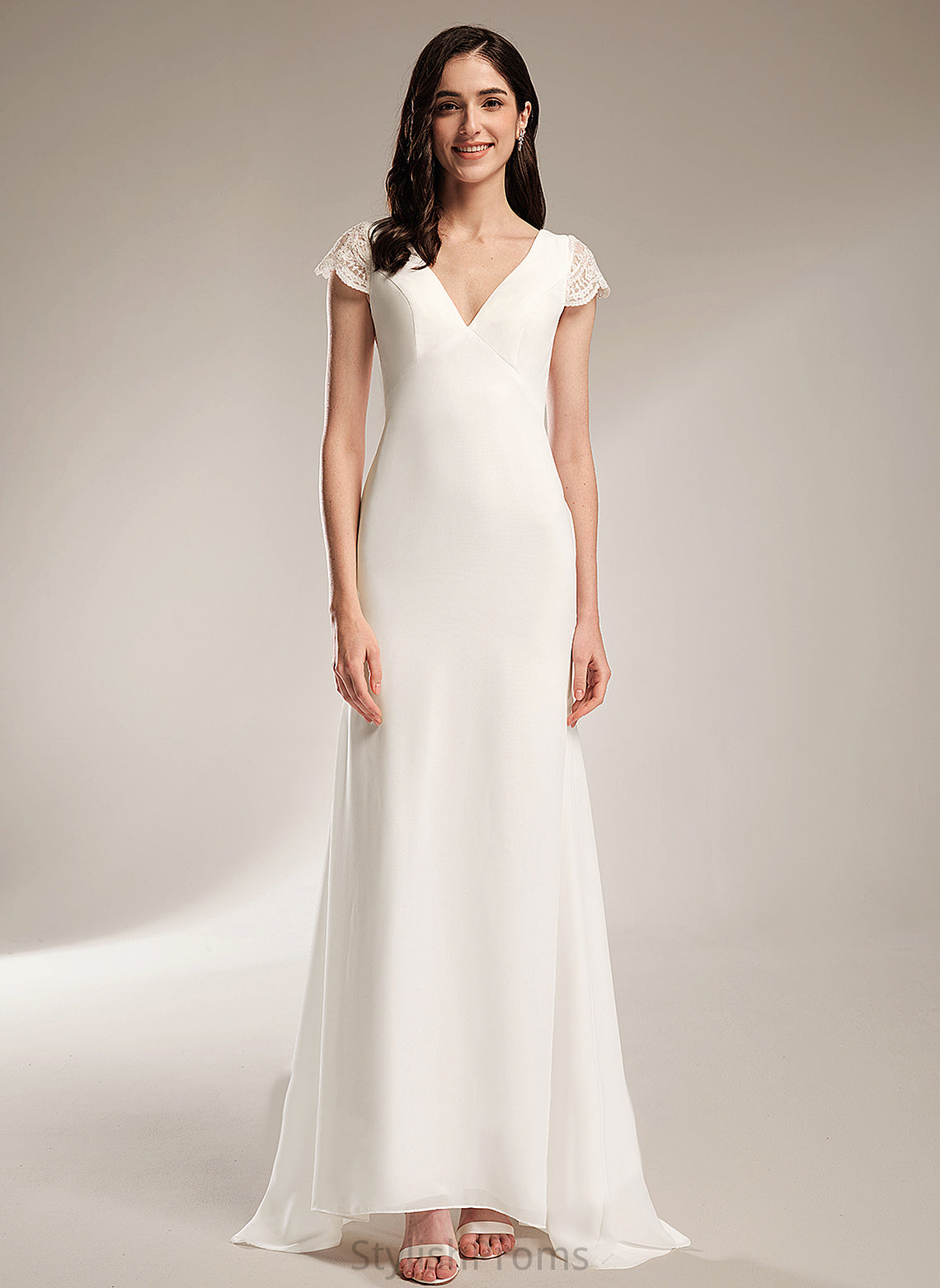 Train V-neck With Chiffon Aracely Wedding Wedding Dresses Sweep Dress Lace Sheath/Column