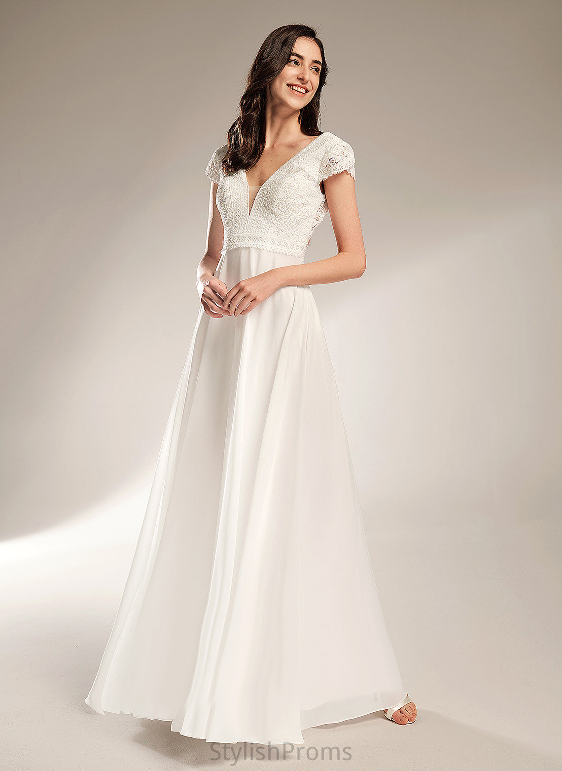 Wedding Dress V-neck Lace Chiffon A-Line Floor-Length Wedding Dresses Peyton