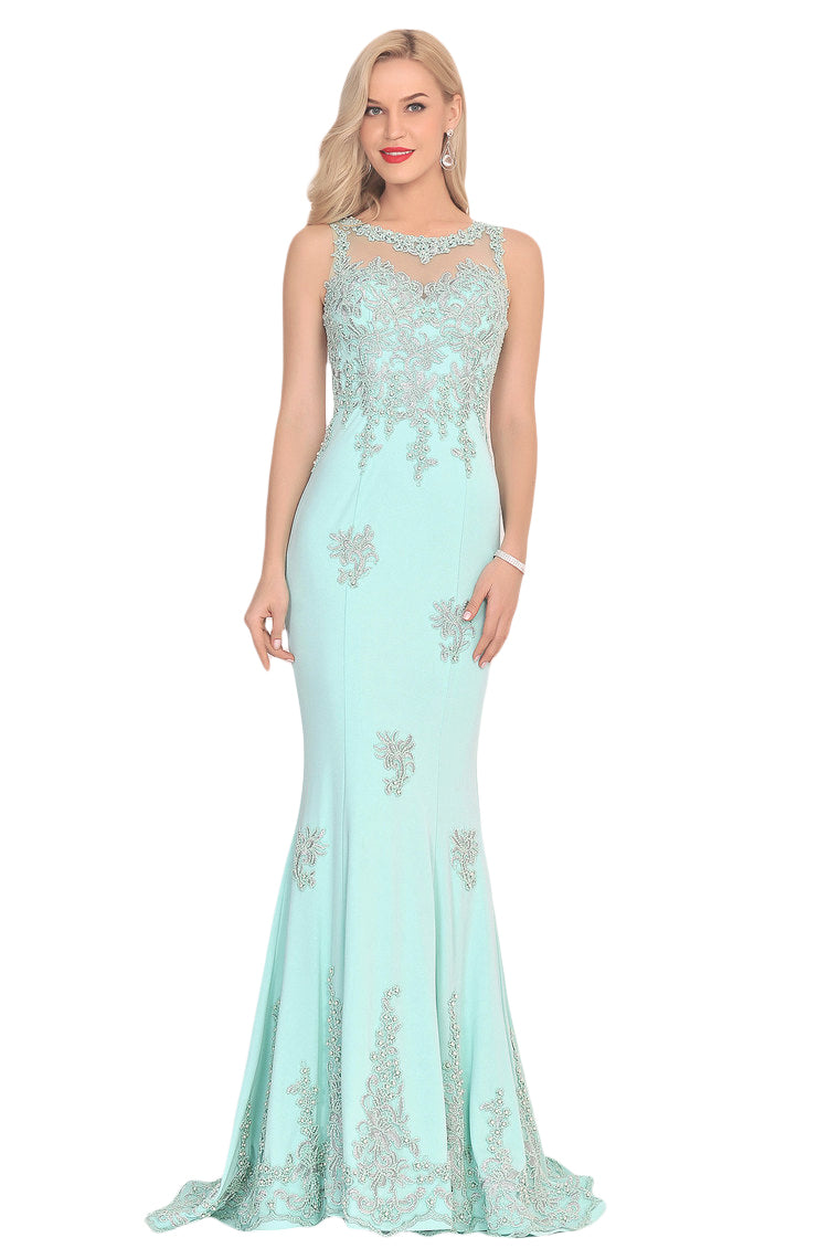 2024 Prom Dresses Mermaid Scoop Spandex With Applique Sweep Train