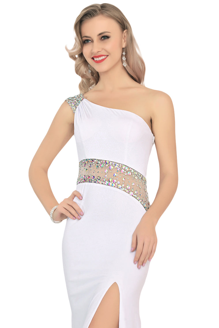 2024 Spandex One Shoulder Mermaid Sweep Train Prom Dresses With Slit