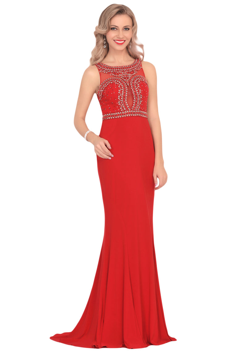 2024 Spandex Scoop Beaded Bodice Mermaid Sweep Train Prom Dresses