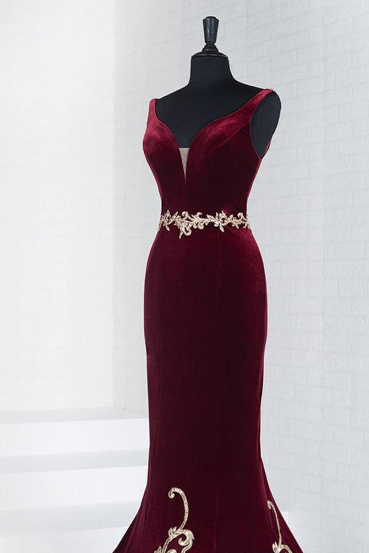 2024 Velvet Evening Dresses V Neck Mermaid With Applique Sweep Train