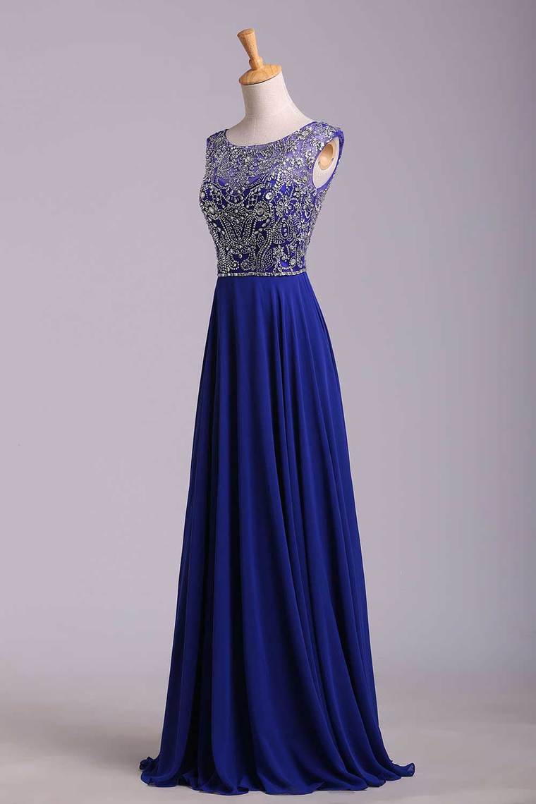 2024 Hot Selling Prom Dresses Dark Royal Blue A-Line Scoop Floor-Length Chiffon