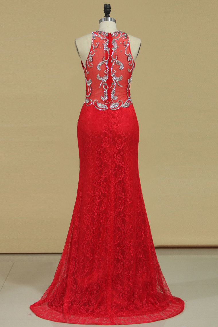 2024 Prom Dresses Mermaid Scoop Lace With Beading Sweep Train