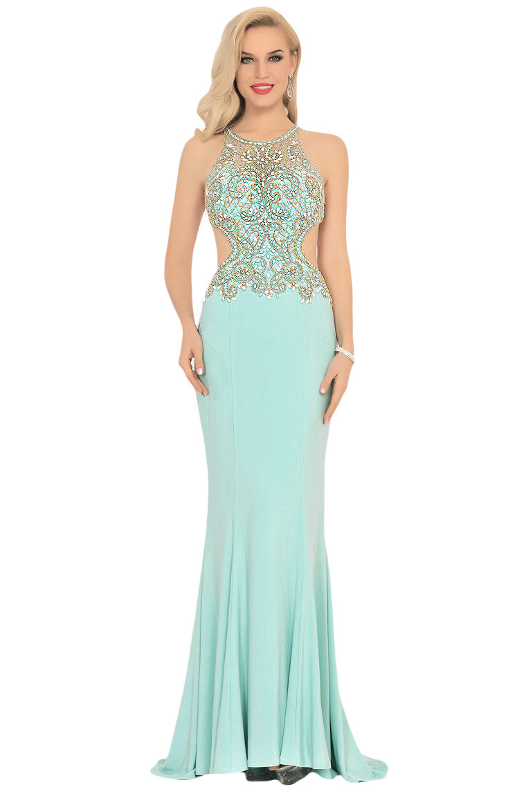 2024 Prom Dresses Scoop Beaded Bodice Mermaid Spandex Open Back