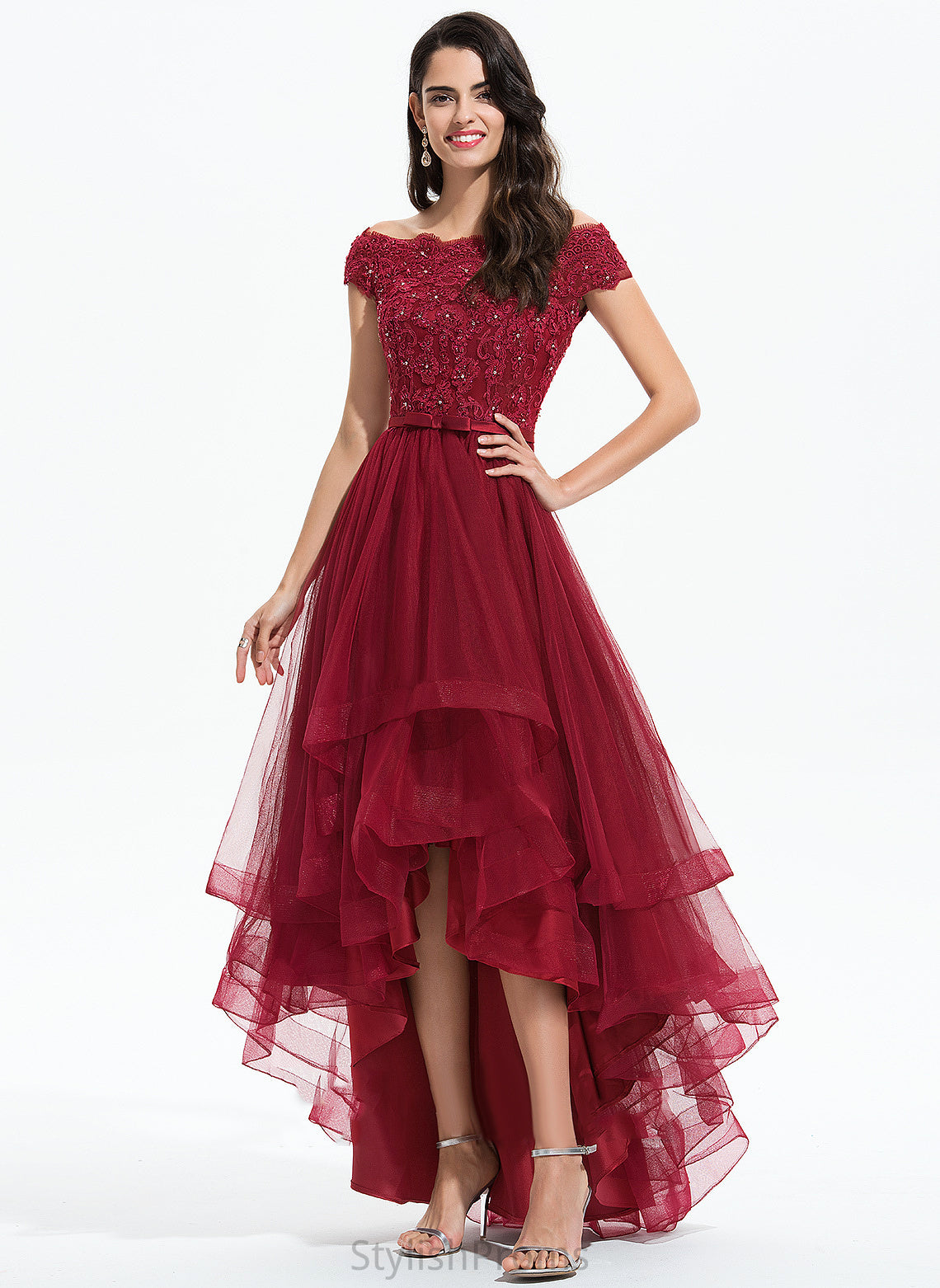 Lace Lace Paisley Asymmetrical With Beading Cocktail A-Line Cocktail Dresses Tulle Off-the-Shoulder Bow(s) Dress