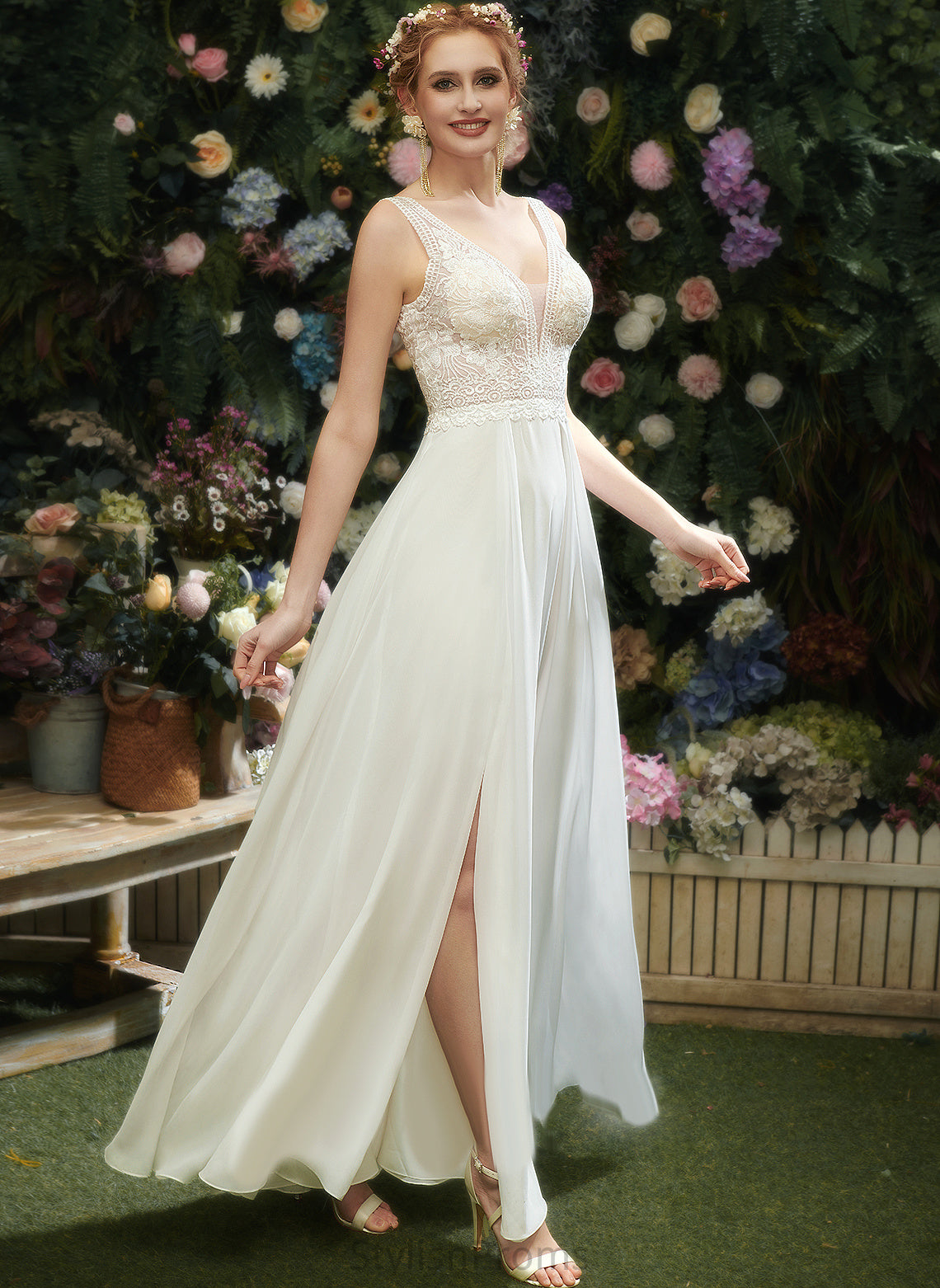 Wedding Dresses V-neck With Floor-Length Sequins Chiffon Wedding A-Line Lace Dress Gina